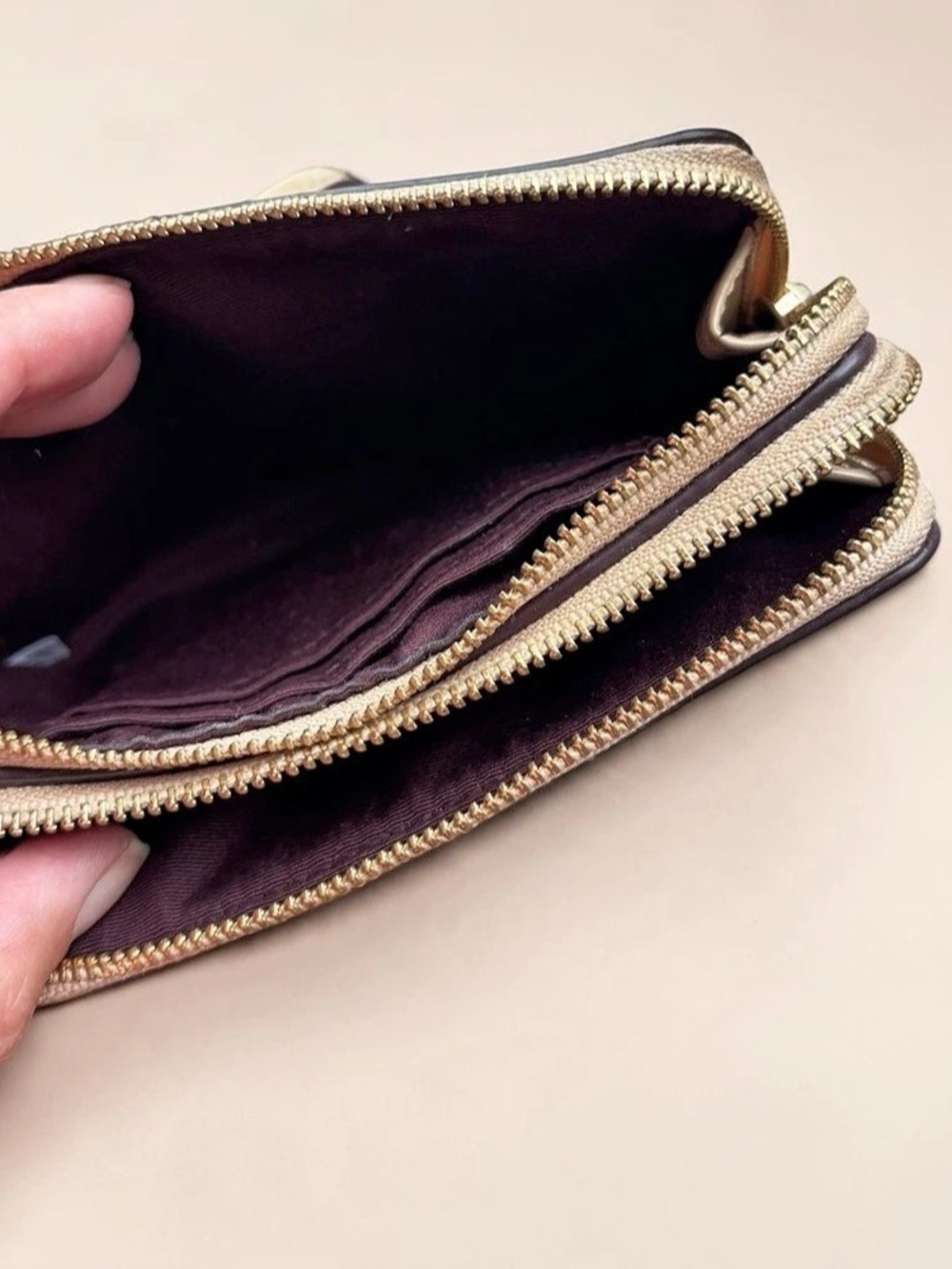 Coach Double Zip Wristlet in Signature Canvas, Brown & Beige - Picture 3 of 7